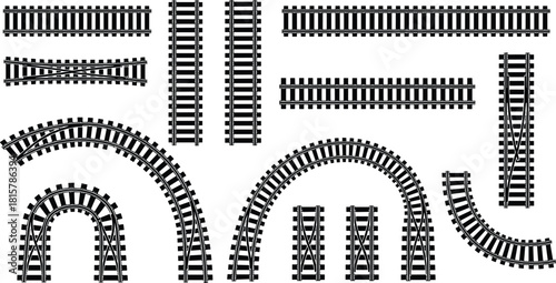 Train track vector set, straight and curved railway rails, switch track elements, transportation illustration, railroad construction parts collection