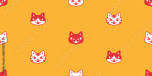 cat seamless pattern kitten face head smiling vector calico doodle cartoon tile background gift wrapping paper pet animal illustration repeat wallpaper scarf isolated red orange