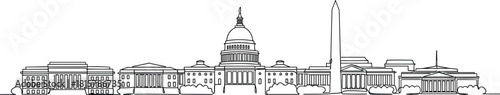 Washington DC skyline line art illustration, Capitol and Washington Monument landmarks, federal buildings outline, historic architecture cityscape design