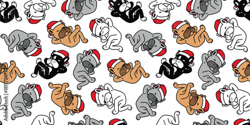 dog pattern seamless french bulldog Christmas hat Santa Claus sleeping vector pet cartoon doodle wrapping paper tile background repeat wallpaper illustration scarf isolated design