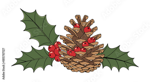 A festive illustration of a natural pinecone decorated with green holly leaves and vibrant red berries for the Christmas holiday season