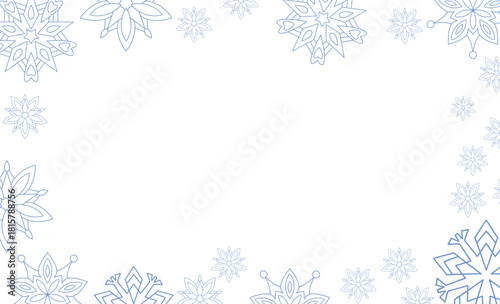 Background vector with a square frame made of white snowflakes. Festive winter border for holiday invitations, Christmas cards, posters, web, and seasonal design