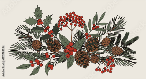 Festive holiday garland featuring pine cones, holly berries, and evergreen branches for winter decoration