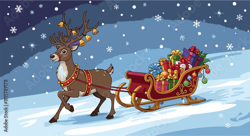 Festive Reindeer Hauling a Sleigh Laden with Gifts Across a Snowy Winter Landscape for Christmas