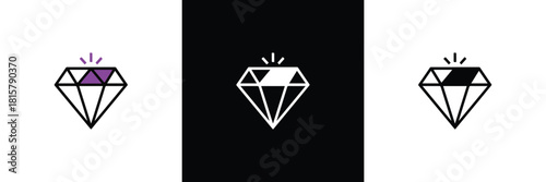 Abstract geometric icons of polished diamonds with subtle sparkle effects, displayed in various color contrast settings on white and black backgrounds.