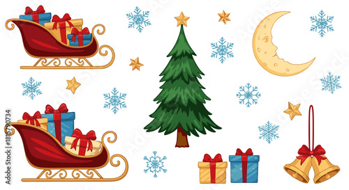 Christmas Holiday Elements Featuring Santa's Sleigh, Gifts, Decorated Tree, Crescent Moon, and Snowflakes