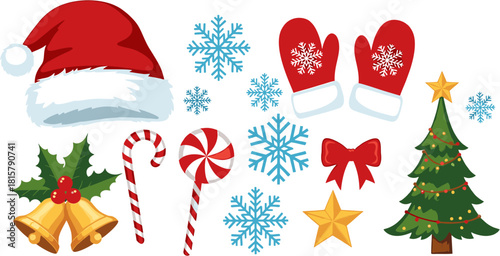 Festive Christmas icons including a Santa hat, snowflakes, candy canes, bells, mittens, a star, and a decorated Christmas tree