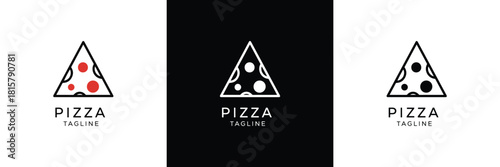 Minimalist pizza slice logo design on white and black backgrounds, featuring a triangular icon with abstract toppings and placeholder text for 'pizza' and 'tagline'.