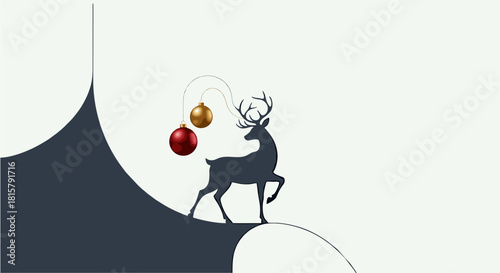 Minimalist Christmas design featuring a dark silhouette of a reindeer carrying red and gold festive baubles on its antlers