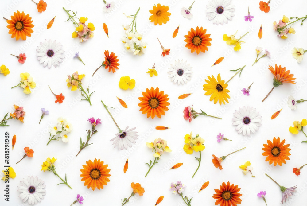 Obraz premium Colorful Spring Flower Pattern Flat Lay Isolated on White Background