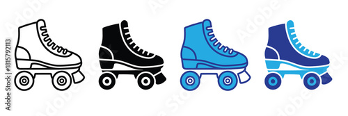 Four roller skate icons in outline, black, blue, and dark blue, isolated on white for sports and recreation themes