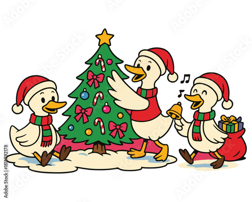 Santa Claus and his family with a little girl by the Christmas tree, snowman, and gifts vector illustration for holiday greeting card