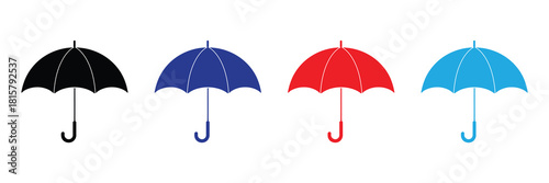 Four colorful umbrellas, black, blue, red, and light blue, lined up against a white background, isolated graphic elements.