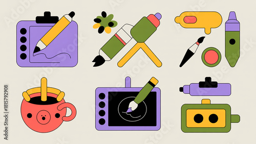 Set of retro art supply icons flat vector design elements for graphic design and creative projects isolated on white background