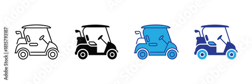 Collection of stylized golf cart icons in outline, silhouette, and colorful variations for sport and leisure activities
