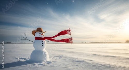 Snowman wearing a cowboy hat and a red scarf in a snowy field during the day