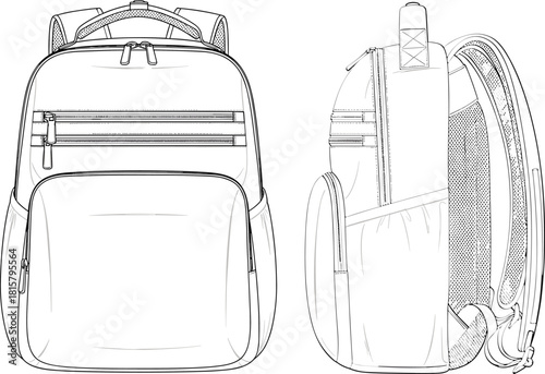 backpack, line, art, drawing, vector, illustration, front, side, view, design, blueprint, sketch, black, white, rucksack, school, bag, travel, gear