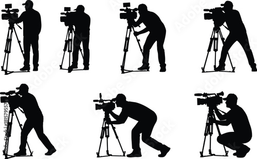 Cameraman set, videographers with professional cameras on tripods, filming, recording, broadcasting, media, event, video production, news, journalism, vector, illustration, graphic, dynamic.