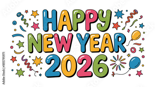 New Year 2026: A vibrant and colorful design wishing a Happy New Year 2026, surrounded by celebratory decorations like stars, streamers, and balloons.