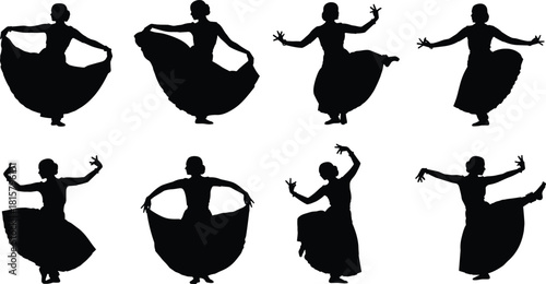 Indian classical dance silhouettes, various poses, cultural, traditional, artistic, movement, performance, expressive, dancer, female, black, vector, illustration, art, graphic, rhythmic, spiritual.
