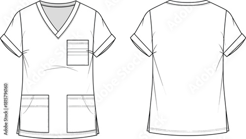 Medical scrub top technical drawing, front and back views, fashion flat sketch, uniform design, healthcare apparel, doctor, nurse, clinic, hospital, vector, blueprint, garment, illustration.