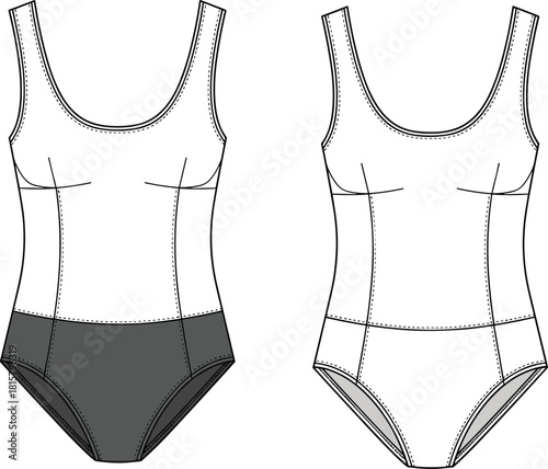 One-piece swimsuit technical drawing, front and back views, fashion flat sketch, swimwear design, women's beachwear, classic, athletic, vector, blueprint, garment, illustration, summer, vacation.
