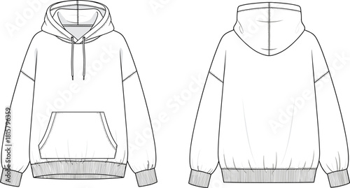 Oversized hoodie technical drawing, front and back views, fashion, apparel design, casual sweatshirt, hooded top, loungewear, comfortable, streetwear, vector, blueprint, garment, illustration, cozy.