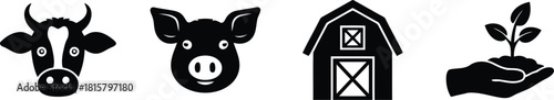 Black and White Farm Icons Cow, Pig, Barn, and Hand Holding Growing Plant