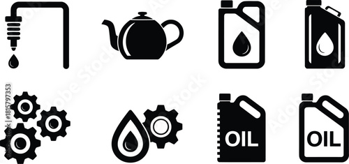 Black and White Graphics Oil, Gears, Teapot and IndustryRelated Icons Collection