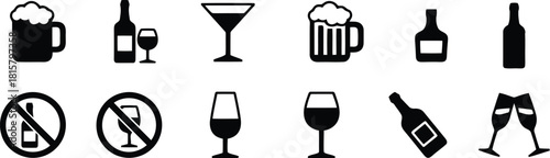 Black and White Icons Beer Mugs, Wine Bottles, Champagne Flutes, and No Alcohol Signs