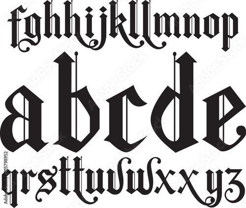 Decorative gothic blackletter lowercase alphabet a–z with bold calligraphic style. Perfect for typography, branding, tattoo designs, posters, and graphic artwork.