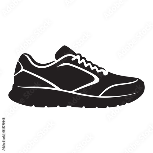 A black silhouette of a running shoe isolated on white background, showcasing its design and sporty aesthetic appeal
