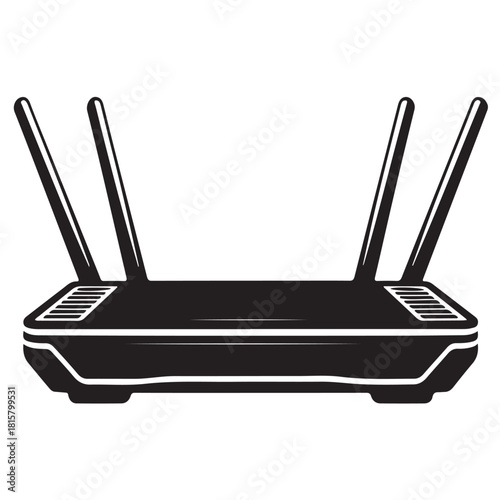 Black and white illustration of a wireless router with four antennas isolated on white background for connectivity