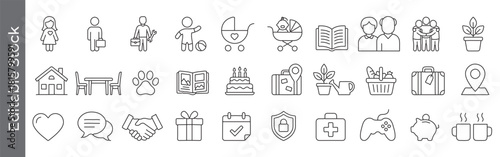 Home, lifestyle and daily life line icon set – editable outline symbols of house, table, pet, book, gift, shield and coffee
