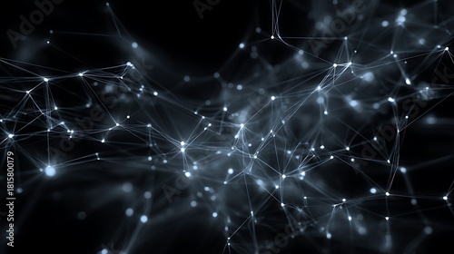 A complex network of interconnected points and lines on a dark background, representing digital connectivity and data exchange.