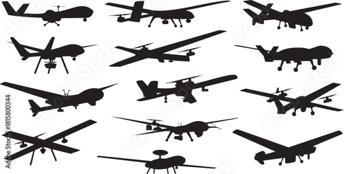 Silhouette Collection of Unmanned Aerial Vehicles on a Clean White Background