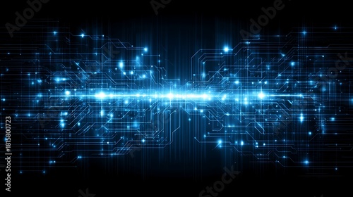 A futuristic circuit board with glowing blue lights and intricate lines, set against a dark background.