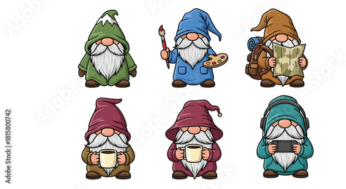 Collection of six cute cartoon gnomes engaged in various hobbies and activities like art, travel, gaming, and drinking coffee.