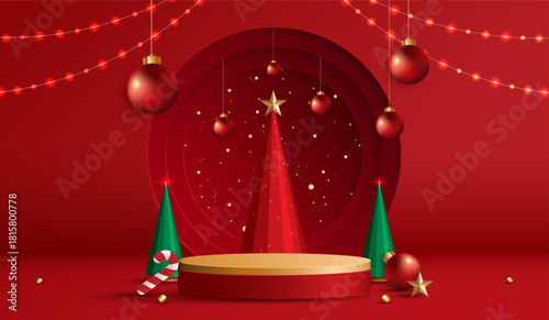 Podium stage for show product display for festive decoration christmas day or new years. stand product showcase on red background with lighting christmas or presentation. vector design.