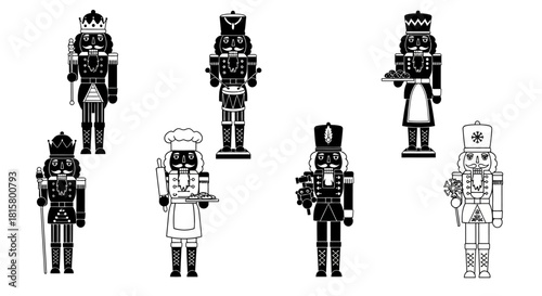 A collection of seven nutcracker toy soldiers in various costumes, depicted in a black and white graphic style.