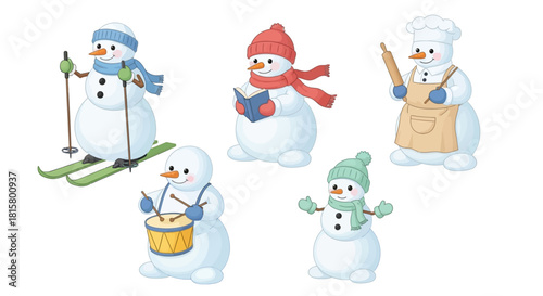 Five cheerful cartoon snowmen engaged in various winter activities and hobbies on a white background.