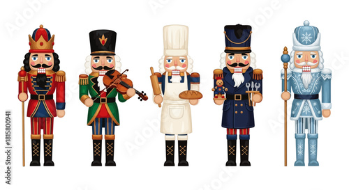 A collection of five colorful, traditional Christmas nutcracker soldier dolls in various costumes, including a king, violinist, and baker.
