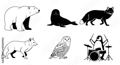 A collection of six black and white arctic animal illustrations including a polar bear, seal, fox, owl, and a humorous penguin playing drums.