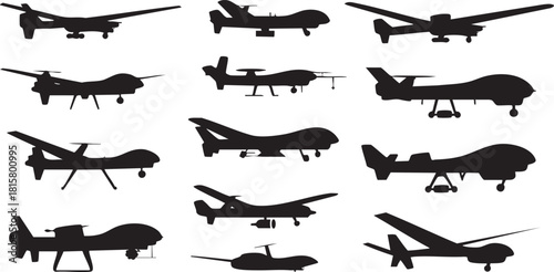 Silhouette of various unmanned aerial vehicles drones UAV on white background