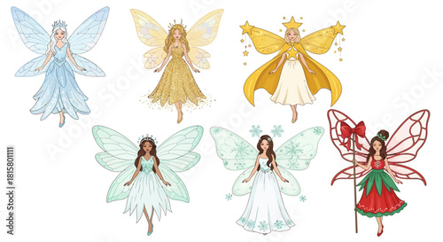 A beautiful collection of seven illustrated fantasy fairies with diverse appearances and colorful wings.