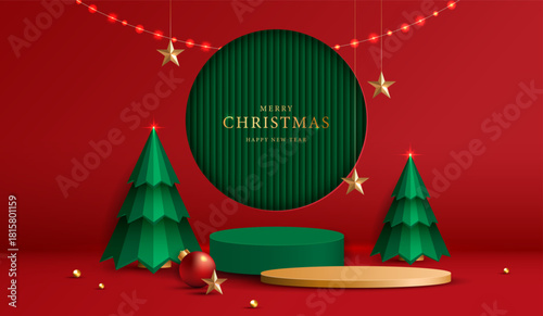 Podium stage for show product display for festive decoration christmas day or new years. stand product showcase on red background with lighting christmas or presentation. vector design.