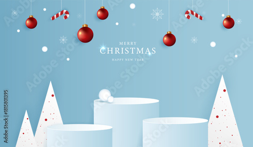 Podium stage for show product display for festive decoration christmas day or new years. stand product showcase on blue background with lighting christmas or presentation. vector design.