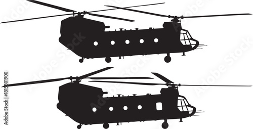 Two Helicopters Silhouetted Against White Background Aviation and Transportation Concept