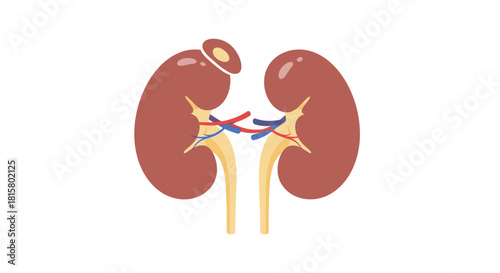 Anatomical illustration of the human kidneys with adrenal glands renal artery and ureters.