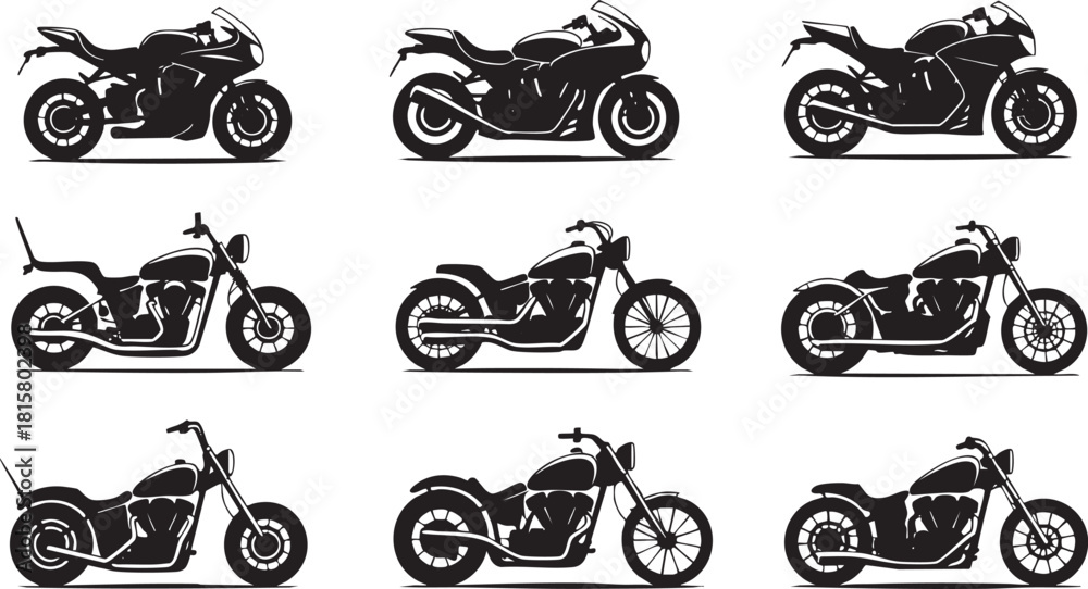 Obraz premium Variety of motorcycle models in black silhouette against a white background